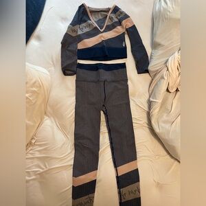 FP Movement by Free People Blue and Tan Top and Leggings with Color Block Design